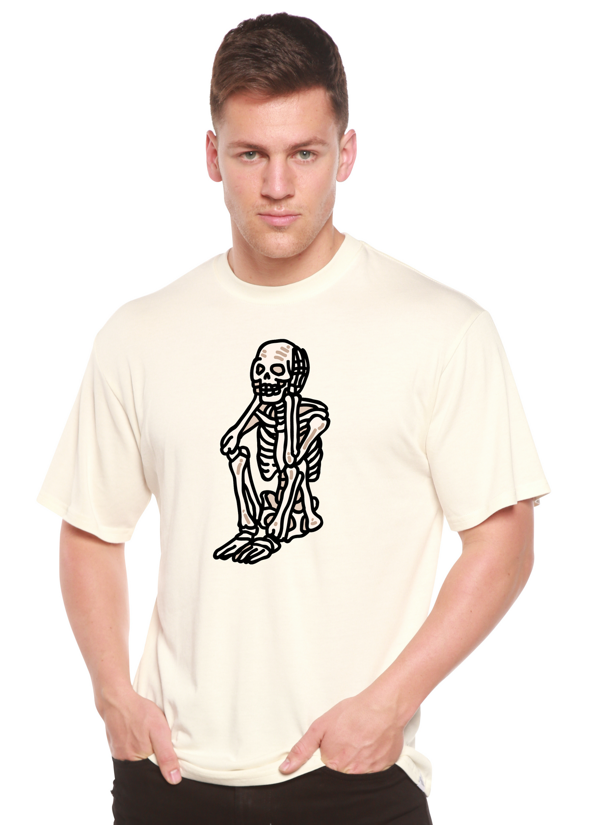 Sad Skeleton Halloween Unisex Bamboo Viscose/Organic Cotton Short Sleeve Graphic T-Shirt